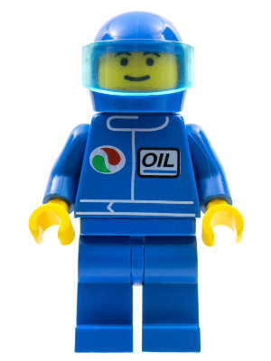 LEGO Minifigure oct023, Octan oil worker in blue uniform, with 'OIL' print, blue helmet, and trans-light blue visor.