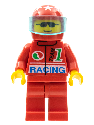 LEGO Minifigure oct026 Octan Racing, red legs, red helmet with white stars, trans-light blue visor, and sunglasses face.