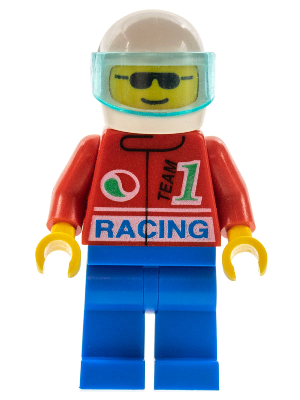 LEGO Minifigure oct028 - Octan Racing with red jacket, blue legs, white helmet, trans-light blue visor, and sunglasses.