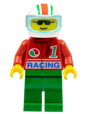 LEGO Minifigure oct033 Octan Racing driver with red torso, green legs, white helmet with red/green stripes, and light blue visor.