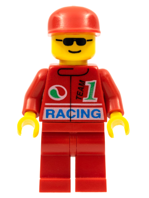 LEGO Octan racing minifigure in a red suit with 'TEAM 1 RACING' text and logo, red legs, yellow head with sunglasses, red cap.