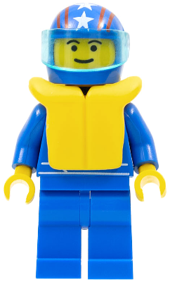 LEGO Minifigure Octan oct037a in blue outfit with yellow life jacket, blue helmet with stars and stripes, and a trans-light blue visor.