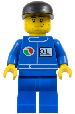 LEGO Minifigure oct060 Octan with blue oil worker uniform, blue legs, black cap, yellow head with smirk and stubble beard.