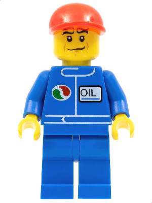 LEGO Minifigure Octan oil worker in blue jumpsuit with 'OIL' patch, Octan logo, yellow head with crooked smile, and red cap.