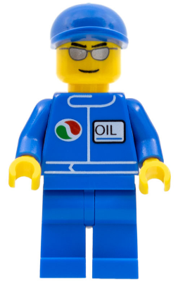 LEGO Minifigure oct068: Blue uniform with Octan logo & 'OIL' tag, blue short bill cap, silver sunglasses, yellow head & hands.