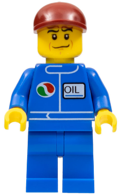 A LEGO Octan minifigure (oct069) with a blue uniform, 'OIL' name tag, Octan logo, dark red cap, and a yellow head with a crooked smile.