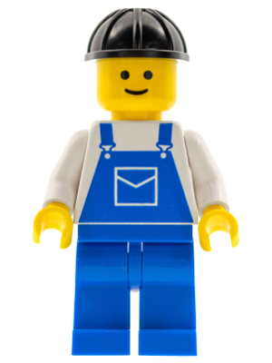 LEGO minifigure wearing a black construction helmet, yellow head, white shirt, blue overalls with an envelope pocket, and blue legs.