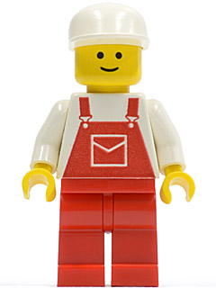LEGO Minifigure with white cap, yellow head, white shirt, red overalls with an envelope pocket design, and red legs.