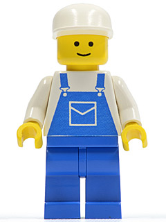 A LEGO Minifigure ovr011 with a yellow head, white cap, white torso with blue overalls and pocket print, and blue legs.