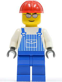 LEGO Minifigure ovr030 with red construction helmet, silver glasses, blue striped overalls with pocket, blue legs.