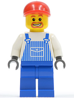 LEGO minifigure ovr038: red cap, yellow head with beard and smile, white shirt, blue striped overalls with pocket, blue legs.