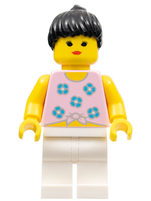 LEGO Minifigure par003 with a black ponytail, pink torso with blue flowers, yellow arms, and white legs.