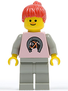 LEGO Minifigure par015: red ponytail hair, yellow head, light pink torso with horse logo, light gray arms, yellow hands, light gray legs.