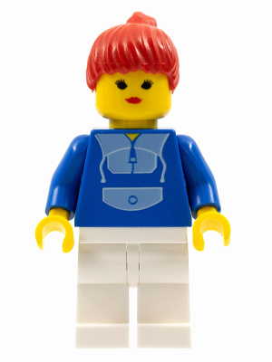 LEGO Minifigure par024 with red ponytail hair, yellow head, blue torso with jogging suit print, yellow hands, and white legs.
