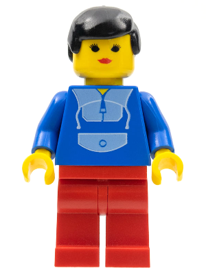 LEGO minifigure wearing black hair, a yellow head with female features, a blue torso with a light blue jogging suit, and red legs.