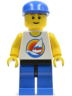 LEGO Minifigure par059 with blue cap, yellow head, white shirt with sailboat logo, yellow arms, black hips, blue legs.