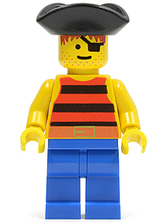 LEGO Minifigure pi026, a pirate with red/black striped shirt, blue legs, black triangle hat, eye patch, red hair, and freckles.
