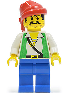 LEGO Minifigure pi052 - Pirate with green vest, white shirt, blue legs, and a red bandana.