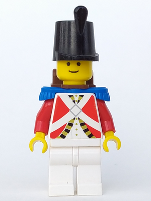 LEGO Minifigure pi062 Imperial Guard with black shako, blue epaulettes, red jacket, white trousers, and brown backpack.