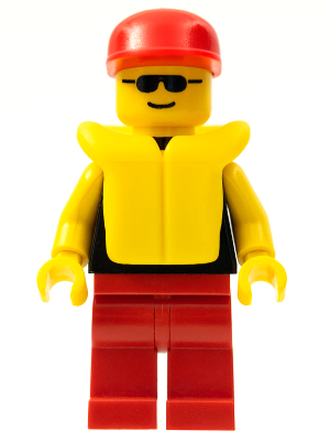 LEGO Minifigure pln065 with plain black torso, yellow arms, red legs, sunglasses, red cap, and yellow life jacket.