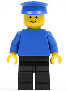LEGO Minifigure pln086 with plain blue torso, blue arms, black legs, yellow head with smile, and blue hat.