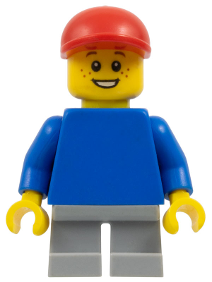 LEGO minifigure pln173 wearing a red cap, with a smiling yellow head, plain blue torso, blue arms, and light bluish gray short legs.