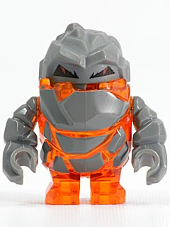 LEGO Minifigure pm002 Rock Monster Firox, dark grey rock-like body with translucent orange glowing lava accents and angry eyes.