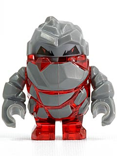 LEGO Minifigure pm003 Meltrox, a rock monster with a grey, jagged body and translucent red core showing molten cracks. Red eyes.