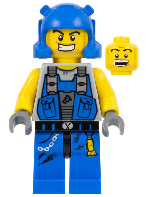 LEGO Power Miner minifigure (pm006) with blue helmet, yellow head with stubble and smile, grey vest, blue legs, and alternate angry head.