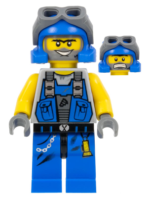 LEGO Minifigure Power Miner Duke with blue helmet and grey goggles, blue and grey vest, yellow arms, blue legs. Includes alternate scared face.