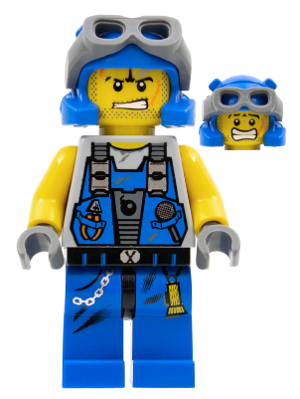 LEGO Power Miner Rex minifigure: blue & yellow with helmet, goggles, angry face, vest with bomb/mic, and alternate scared head.