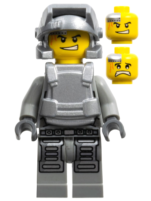 LEGO Minifigure pm026 Power Miners Engineer. Light bluish gray outfit, metallic silver armor/helmet. Angry face, two damaged alternate heads.