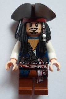 LEGO Minifigure Captain Jack Sparrow (poc024) in tricorne hat, long dark hair, blue vest, and brown pants.