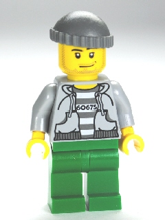 A LEGO minifigure of a jail prisoner wearing a dark bluish gray knit cap, gray hoodie over striped shirt with '60675', and green legs.