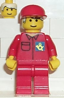LEGO minifigure postman in red uniform with red cap, white hair, yellow head/hands, and blue post office logo on chest.