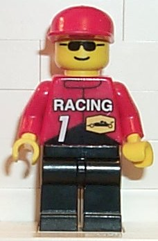 LEGO Minifigure rac002 - Racing Team 1, Red Cap, wearing sunglasses, a red shirt with 'RACING 1' and a car logo, and black pants.