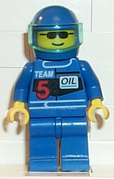 LEGO Minifigure rac004 Racing Team 5 in blue suit and helmet, with trans-light blue visor and yellow head with sunglasses.