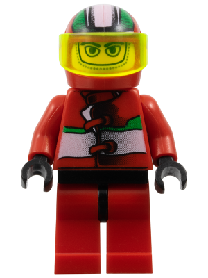 LEGO Minifigure rac012, Racer Driver, Jungle Monster. Features red racing suit, green/white helmet, and yellow visor.