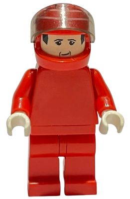 LEGO Minifigure rac022 of Michael Schumacher in a red Ferrari F1 racing suit with helmet and clear visor.