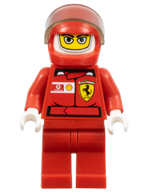 LEGO Minifigure rac024as, F1 Ferrari Driver in red suit, helmet with visor, balaclava, and torso stickers for Vodafone and Ferrari.