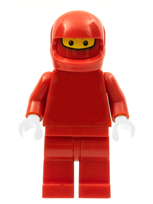 LEGO Minifigure rac025 F1 Ferrari Pit Crew Member, dressed in a plain red jumpsuit and red helmet, with white hands.