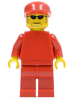 Red LEGO Minifigure rac045 F1 Ferrari Engineer, yellow head with black sunglasses and beard, wearing all red, no torso sticker.