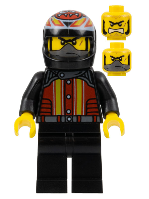 LEGO Minifigure Devon Daredevil in black racing suit with red and yellow striped torso, black helmet, and two angry faces.