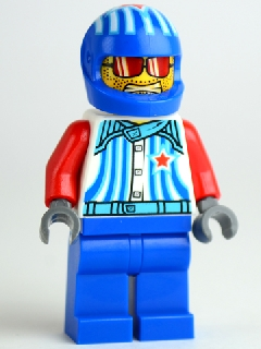 LEGO Minifigure Captain Stunt (rac049) with blue and white striped helmet, sunglasses, striped vest, red arms, and blue legs.