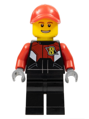 LEGO Minifigure rac057, Racing Bike Driver 1, wearing a red cap, red and black racing suit with 'S' logo, black legs.