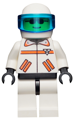 White LEGO Res-Q 1 minifigure (rsq004a) with orange suit details, green face with sunglasses, and trans-dark blue visor.