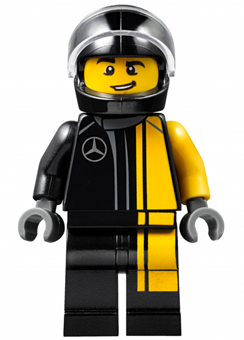A LEGO minifigure of a Mercedes-AMG GT3 driver, wearing a silver helmet, a black and yellow racing suit with a Mercedes logo.