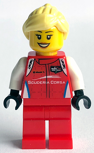 LEGO Minifigure sc056, female Ferrari 488 GT3 'Scuderia Corsa' driver in a red racing suit with sponsor logos.