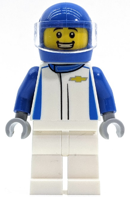 LEGO Minifigure with blue helmet, clear visor, smiling yellow head, white and blue suit with Chevrolet logo, blue arms, white legs, gray hands.