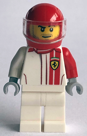 LEGO Minifigure of a Ferrari F40 Competizione Driver, wearing a red helmet, white racing suit with red stripes and Ferrari logo.